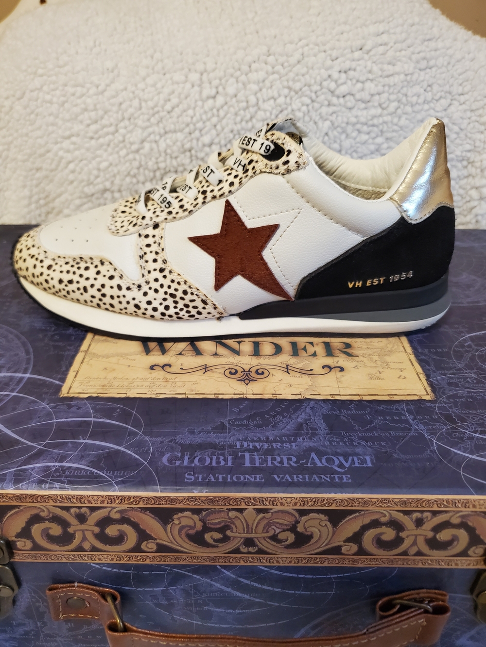 Vintage Havannas White Leather Sneakers with Rock Star, Black Heel & Gold Tab